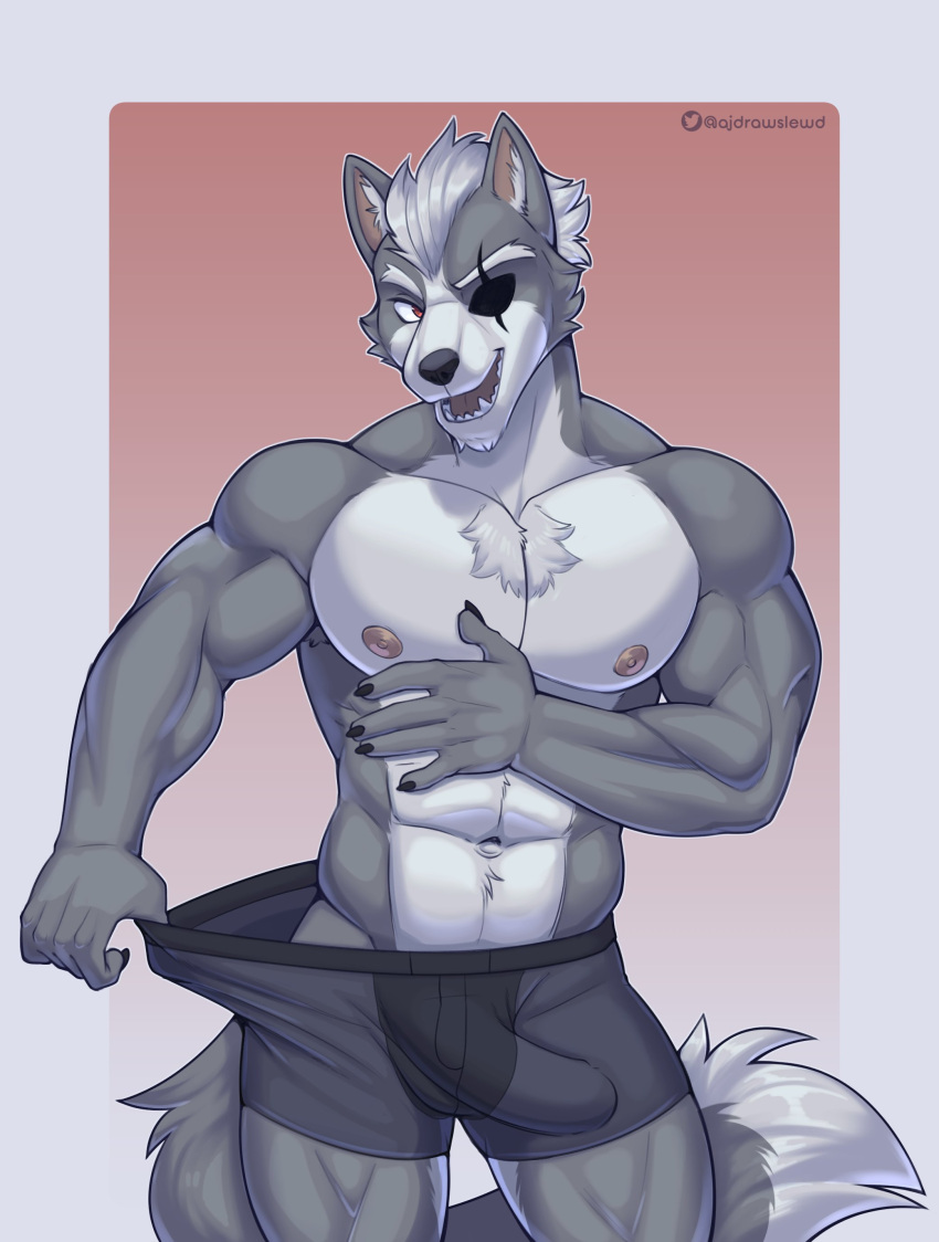 2023 abs absurd_res ajdrawsnice anthro biceps big_bulge big_muscles border briefs briefs_pull bulge canid canine canis claws clothed clothing clothing_pull deltoids erection erection_under_clothing eye_patch eyebrows eyewear front_view fur genital_outline gradient_background grey_border hair hi_res looking_at_viewer male mammal muscular muscular_anthro muscular_male navel nintendo nipples obliques open_mouth open_smile pecs penis_outline pink_background seductive simple_background smile solo standing star_fox teeth text tongue topless topless_anthro topless_male triceps tuft underwear underwear_pull url wolf wolf_o'donnell