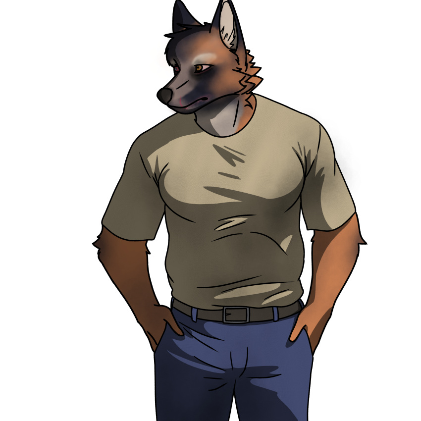 absurd_res anthro arm_tuft beer_belly belt bloodshot_eye bottomwear canid canine canis clothed clothing domestic_dog elbow_tuft fur german_shepherd hands_in_both_pockets herding_dog hi_res inner_ear_fluff koda_roswell_nelson_(6blow) looking_away lord_bandicam male mammal multicolored_body multicolored_fur musclegut neck_tuft old pants pastoral_dog scar scruffy shaded shirt short_story solo standing tired_of_this_shit topwear tuft wounded