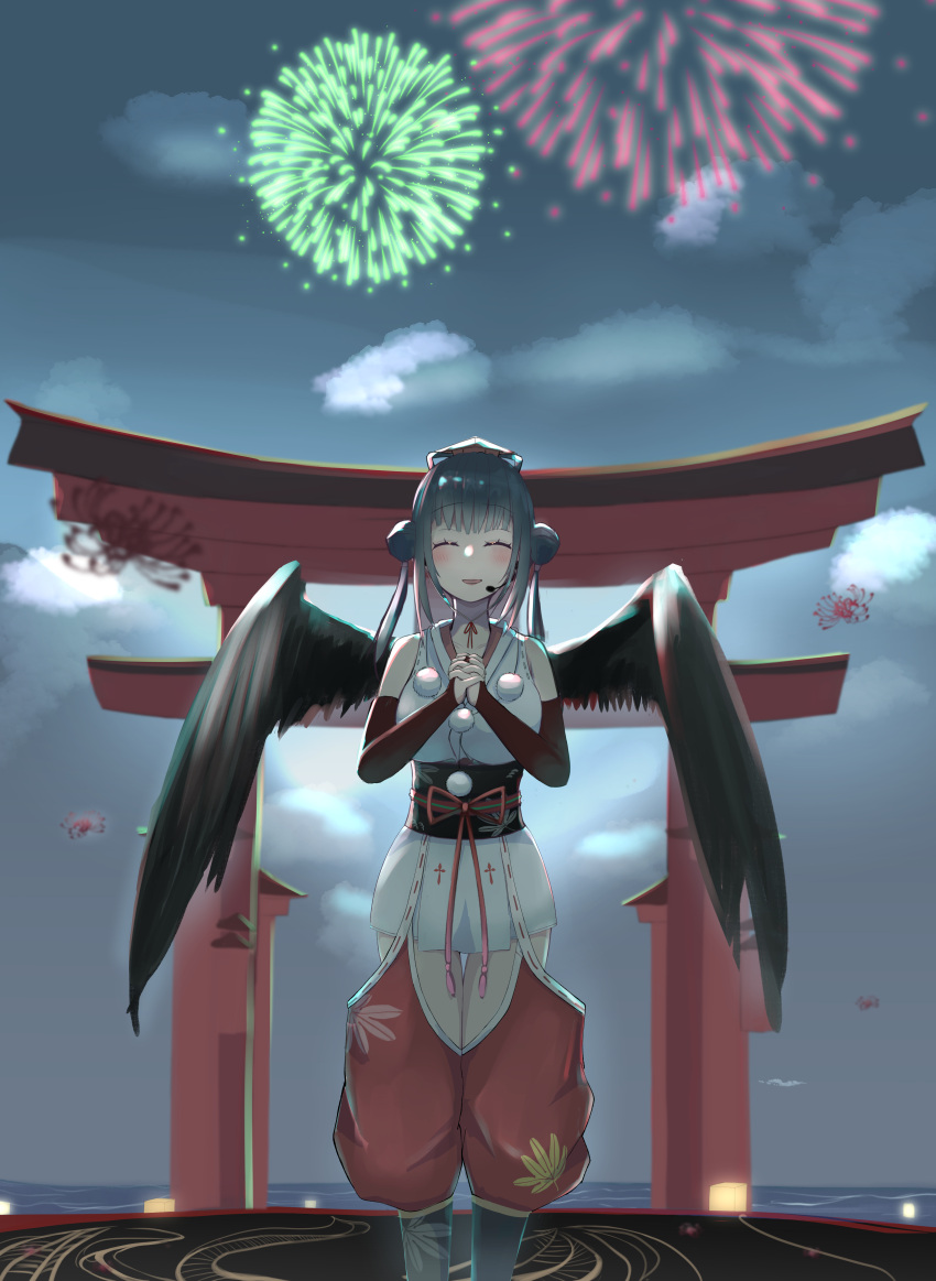 1girl absurdres aerial_fireworks asetiren_33 black_hair black_wings blush breasts bridal_gauntlets closed_eyes commentary_request double_bun elbow_gloves feathered_wings feet_out_of_frame fireworks gloves hair_bun hakama hakama_pants hat headpiece highres hip_vent interlocked_fingers japanese_clothes kimono large_breasts long_hair looking_at_viewer nijisanji obi outdoors own_hands_clasped own_hands_together pants red_gloves sash short_kimono solo tokin_hat torii twintails underbust virtual_youtuber white_kimono wings yamagami_karuta yamagami_karuta_(1st_costume)