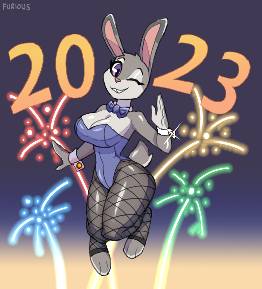 2023 3_toes anthro artist_name big_breasts bow_tie breasts bunny_costume cleavage clothed clothing costume disney eyebrows eyelashes feet female fingers fireworks fishnet fishnet_legwear fur grey_body grey_fur hi_res holidays judy_hopps lagomorph legwear leporid long_ears looking_at_viewer mammal new_year new_year_2023 one_eye_closed rabbit scut_tail shirt_cuffs short_tail solo tail teeth thick_thighs toeless_legwear toes zootopia zr_furious