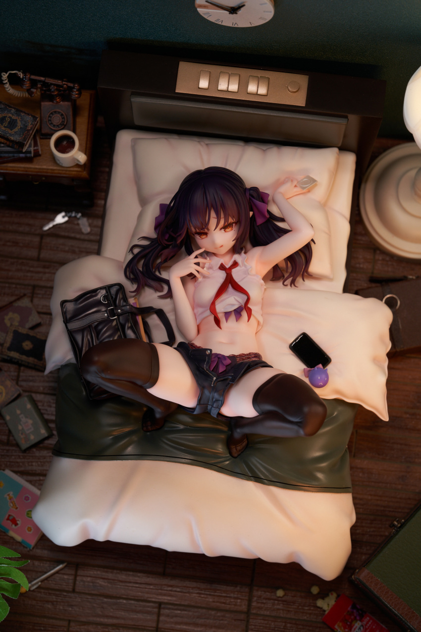 1girl :q absurdres antique_telephone arm_up armpits bag bare_arms bare_shoulders bed black_hair black_panties black_shorts black_thighhighs blanket book bow bra bra_peek breasts cellphone clothes_pull collared_shirt condom condom_wrapper crop_top cup feet figure from_above hair_ribbon hand_up highres holding indoors kedama_milk key lamp lingerie long_hair looking_at_viewer lying midriff mug navel neckerchief no_shoes on_back on_bed open_fly open_mouth panties phone photo_(medium) pillow purple_bow ribbon school_bag shirt short_shorts shorts shorts_pull sleeveless sleeveless_shirt small_breasts smartphone smile solo stomach sutora-chan thighhighs thighs toes tongue tongue_out twintails underwear white_shirt wooden_floor yellow_eyes zenbu_kimi_no_sei_da