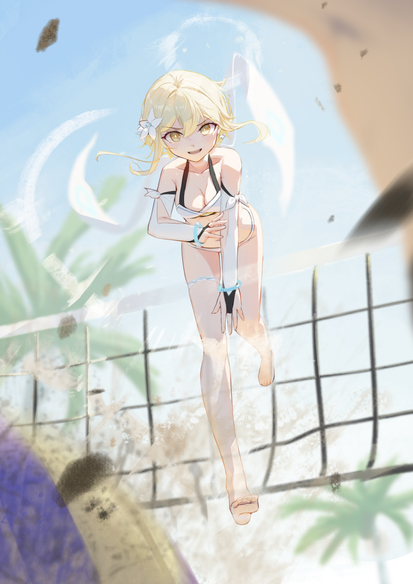 1girl absurdres alternate_costume aton_(user_kufr5245) barefoot bikini blonde_hair breasts bridal_gauntlets day floating flower full_body genshin_impact hair_between_eyes hair_flower hair_ornament highres looking_at_viewer lumine_(genshin_impact) medium_breasts open_mouth outdoors palm_tree sky smile solo swimsuit thigh_strap tree volleyball_net white_bikini white_flower yellow_eyes