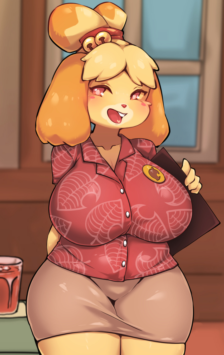absurd_res animal_crossing anthro big_breasts blonde_hair blush boingfarm bottomwear breasts brown_bottomwear brown_clothing brown_skirt buckteeth canid canine canis clothing domestic_dog female fur glass hair hi_res huge_breasts inside isabelle_(animal_crossing) leaf_print leaf_print_clothing looking_at_viewer mammal nintendo open_mouth red_clothing red_eyes red_shirt red_topwear shirt skirt smile solo teeth thick_thighs topwear wide_hips window yellow_body yellow_fur