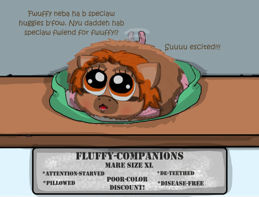 amputee baby_talk brown_body brown_fur dialogue disability english_text female feral fluffy_pony fluffy_pony_(species) fur hair hi_res mammal offscreen_character orange_eyes orange_hair othercoraline pillow quadruple_amputee solo tail tail_motion tailwag text