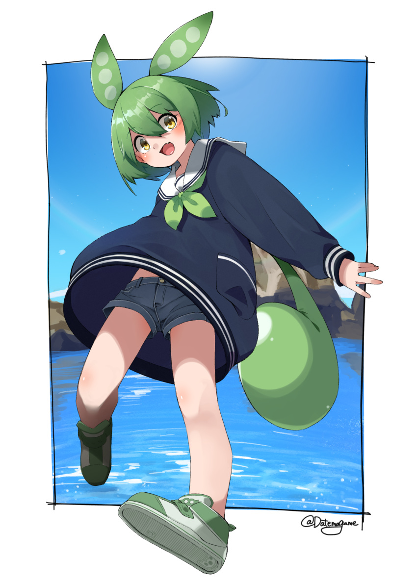 1girl black_shirt blue_shorts blue_sky blush border commentary_request datemegane day denim denim_shorts fang green_hair green_neckerchief highres long_hair long_sleeves looking_at_viewer low_ponytail midriff_peek neckerchief ocean open_mouth outdoors outside_border pea_pod rock sailor_collar shirt shoes short_shorts shorts skin_fang sky smile sneakers solo sunlight twitter_username very_long_hair voicevox white_border white_sailor_collar wind wind_lift yellow_eyes zundamon