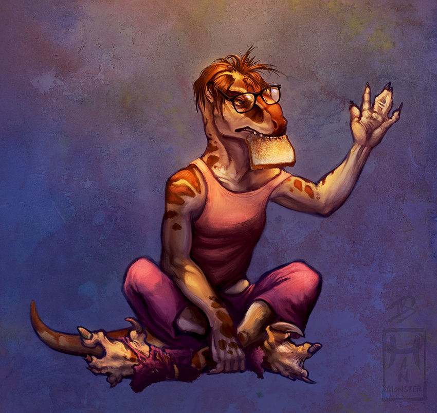 anthro bread breasts brown_body brown_scales clawed_fingers claws claws_out clothing dinosaur dromaeosaurid eating eating_food feet female fingers_together food footwear glasses_askew hair hanmonster hipster losing_hair merging red_hair reptile scales scalie skade(caninehybrid) socks solo species_transformation striped_body stripes tail theropod toast toe_claws torn_clothing torn_footwear torn_socks transformation velociraptor