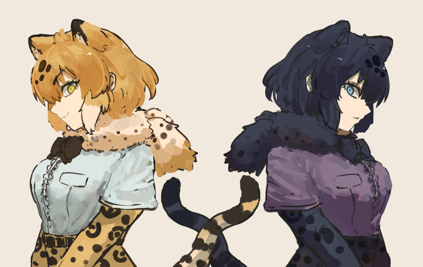 2girls absurdres adeshi_(adeshi0693119) animal_ears black_hair black_jaguar_(kemono_friends) blonde_hair blue_eyes bow bowtie elbow_gloves extra_ears gloves grey_background highres jaguar_(kemono_friends) jaguar_ears jaguar_girl jaguar_print jaguar_tail kemono_friends multiple_girls scarf shirt short_hair simple_background skirt tail yellow_eyes