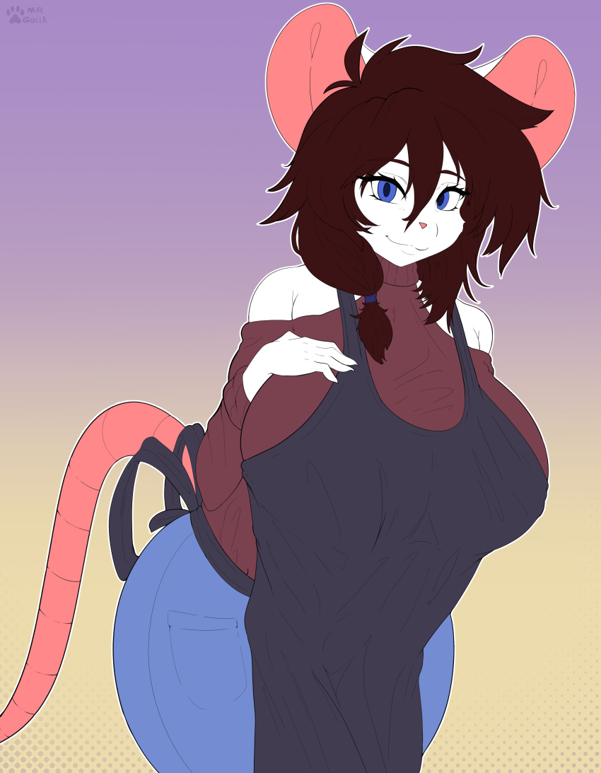 absurd_res anthro breasts butt clothed clothing digital_media_(artwork) female hair hi_res looking_at_viewer male mammal mouse mrgolla murid murine rodent simple_background smile solo tail