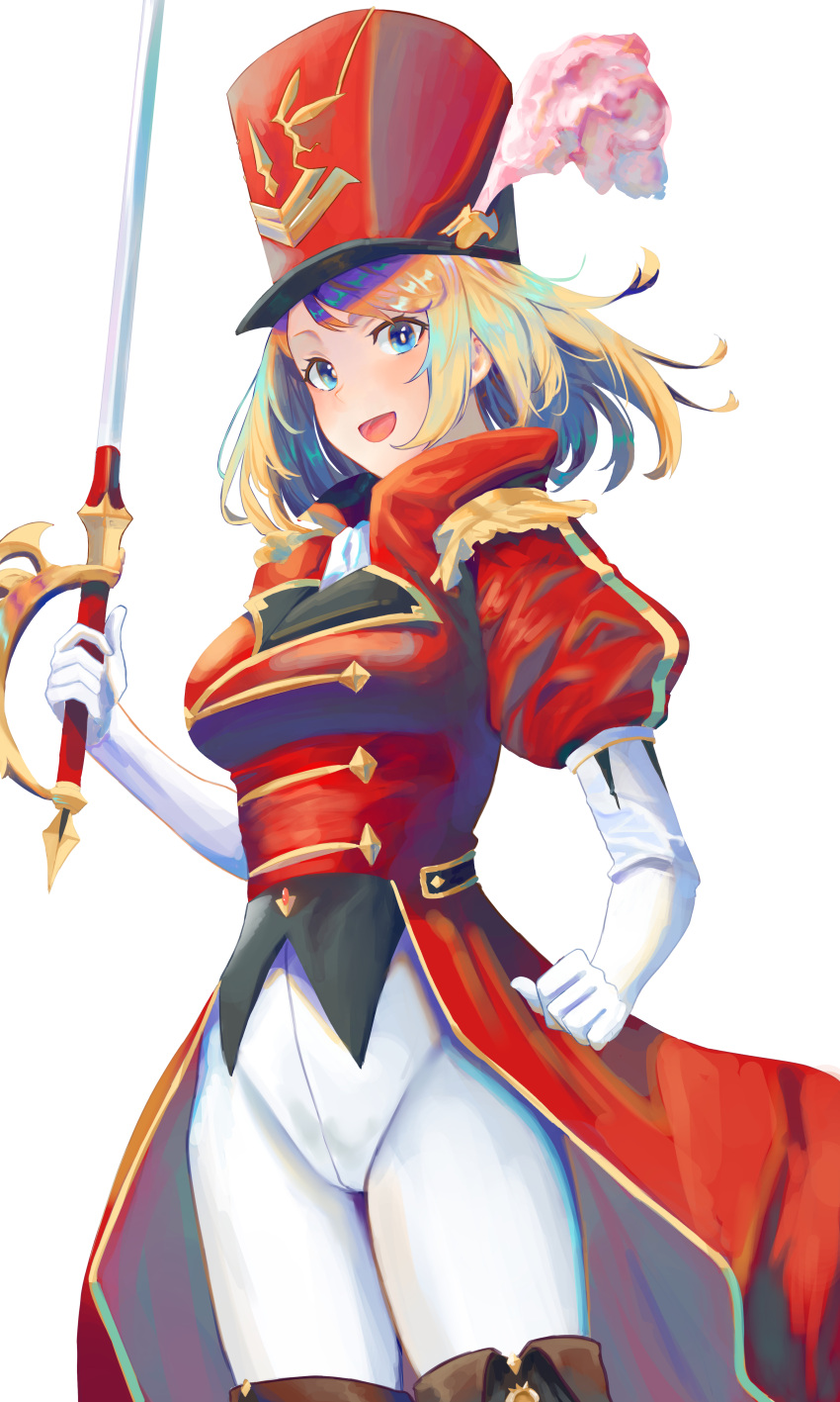 1girl :d abi_(user_nzav7333) absurdres blonde_hair blue_eyes blush breasts brown_footwear clenched_hand gloves gold_trim hat highres holding holding_sword holding_weapon medium_breasts pants puffy_sleeves rachel_(seven_knights) red_headwear seven_knights smile solo standing sword weapon white_background white_gloves white_pants