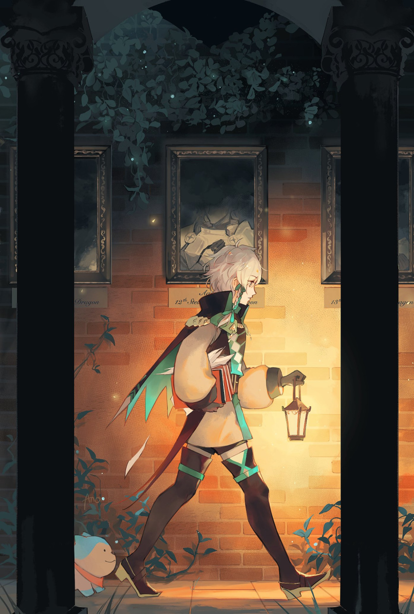 1boy anocurry brick brick_wall capelet clanne_(fire_emblem) fire_emblem fire_emblem_engage highres holding holding_lamp lamp long_sleeves picture_frame ribbon short_hair solo sommie_(fire_emblem) standing walking white_hair