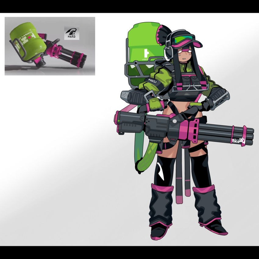 1girl black_footwear black_hair black_leg_warmers black_thighhighs cropped_jacket dark-skinned_female dark_skin full_body gatling_gun gloves green_jacket gun hair_between_eyes headphones heavy_splatling_(splatoon) highres holding holding_gun holding_weapon jacket leg_warmers letterboxed personification pink_hair ponytail reference_inset sido_(slipknot) simple_background solo splatoon_(series) standing thigh_strap thighhighs visor_cap weapon