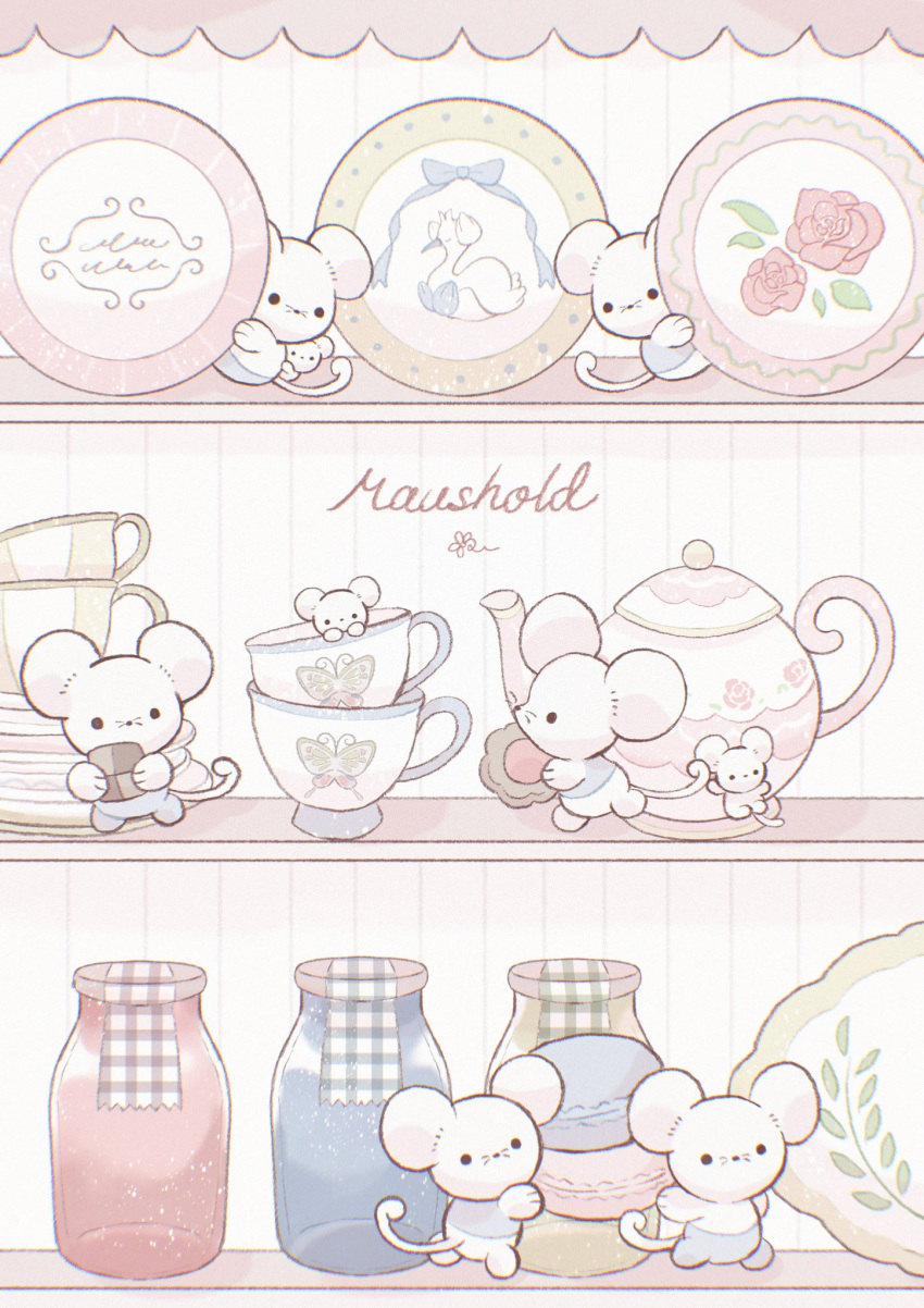 character_name checkerboard_cookie commentary_request cookie cup food highres holding holding_food jar looking_at_another looking_at_viewer macaron maushold no_humans one_(chirufhy) plate pokemon pokemon_(creature) saucer shelf solid_circle_eyes swanna tandemaus teacup teapot
