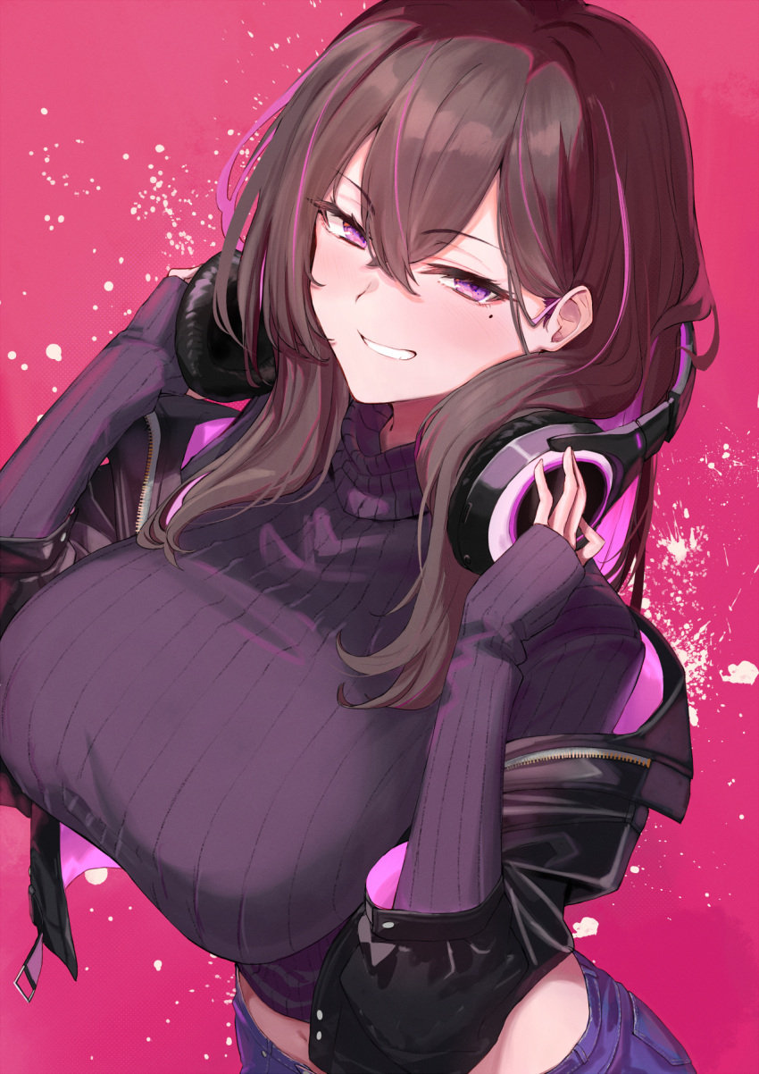 1girl black_jacket black_sweater breasts brown_hair commentary_request cropped_sweater crossed_bangs from_above grin headphones highres jacket large_breasts long_hair long_sleeves looking_at_viewer midriff mole mole_under_eye multicolored_hair ninoude_(ninoude44) open_clothes open_jacket original pink_background pink_eyes pink_hair ribbed_sweater sleeves_past_wrists smile solo streaked_hair sweater turtleneck turtleneck_sweater two-tone_hair