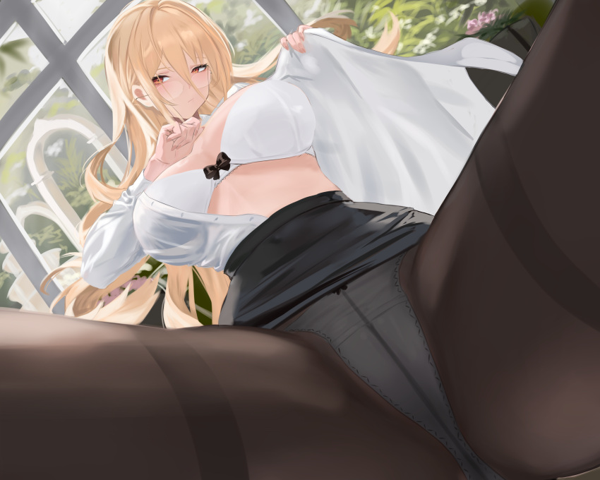 1girl absurdres azur_lane black_pantyhose black_skirt blonde_hair bra breasts chiyu1182 hair_between_eyes high-waist_skirt highres implacable_(azur_lane) implacable_(shepherd_of_the_"lost")_(azur_lane) indoors large_breasts long_hair long_sleeves looking_at_viewer office_lady official_alternate_costume panties panties_under_pantyhose pantyhose pencil_skirt red_eyes see-through see-through_shirt shirt skirt solo spread_legs unbuttoned underwear very_long_hair white_bra white_panties white_shirt