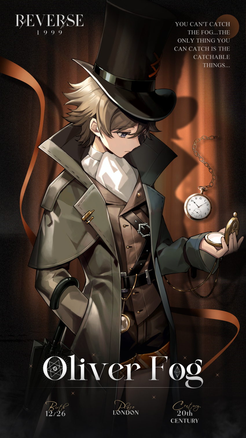 1boy bishounen black_coat black_headwear brown_eyes brown_hair brown_shorts brown_vest character_name coat copyright_name cowboy_shot english_text hand_in_pocket hand_up hat highres logo looking_at_object looking_at_watch looking_down male_focus official_art oliver_fog pocket_watch profile red_background red_curtains reverse:1999 shirt short_hair short_shorts shorts solo spotlight top_hat vest watch white_shirt