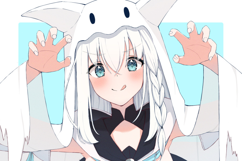 1girl :q blue_eyes blush claw_pose fingernails hands_up highres hololive hood long_hair looking_at_viewer shirakami_fubuki solo sukesan_(user_pyhe5555) tongue tongue_out upper_body virtual_youtuber white_hair