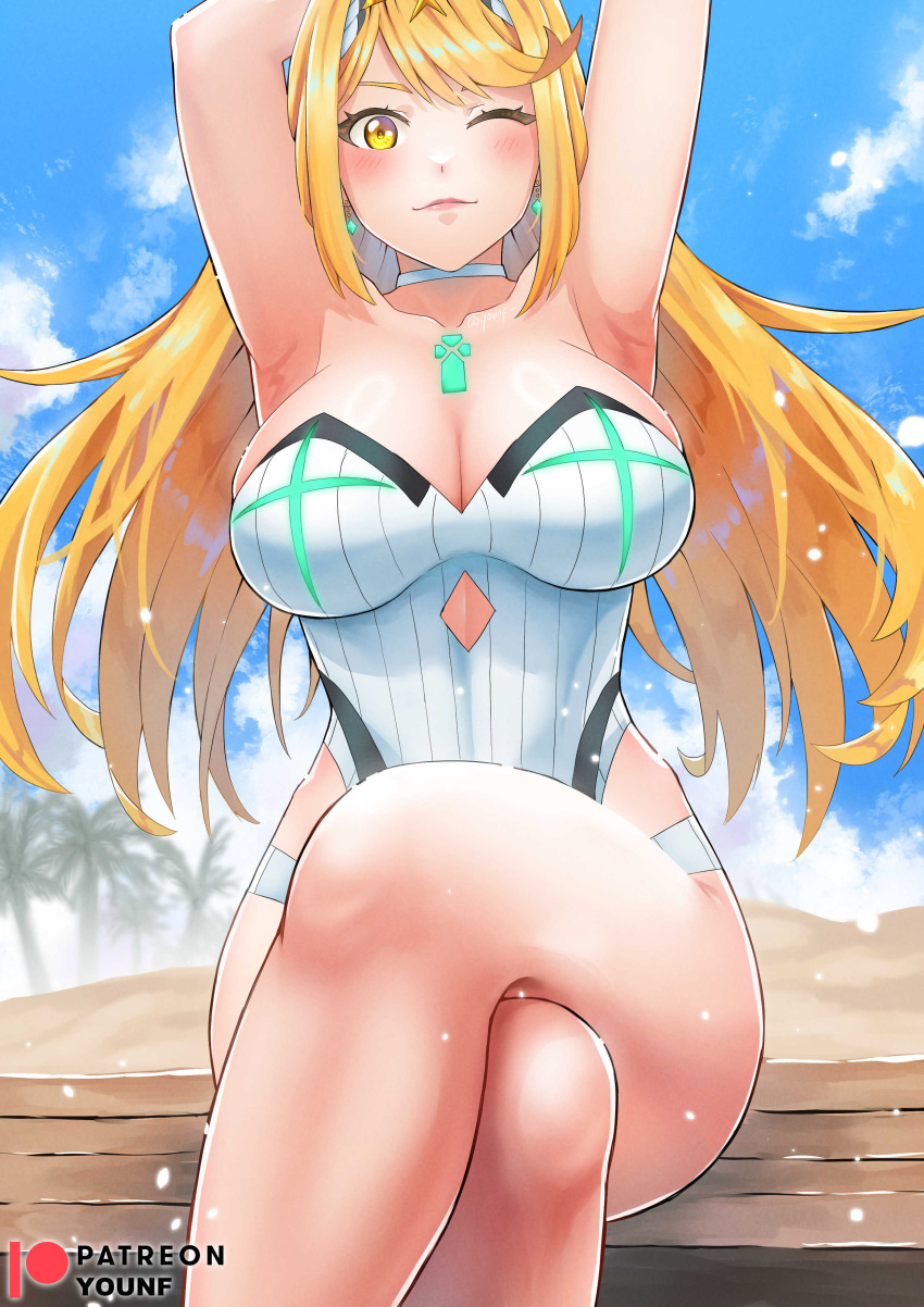 1girl absurdres armpits arms_up blonde_hair breasts chest_jewel choker cleavage closed_eyes crossed_legs day feet_out_of_frame highres large_breasts lips long_hair mythra_(radiant_beach)_(xenoblade) one-piece_swimsuit outdoors patreon_username ribbed_swimsuit sitting solo strapless strapless_swimsuit striped striped_one-piece_swimsuit swept_bangs swimsuit tiara vertical-striped_one-piece_swimsuit vertical_stripes white_choker white_one-piece_swimsuit xenoblade_chronicles_(series) xenoblade_chronicles_2 yellow_eyes you_nf