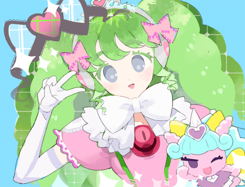 1girl blue_background bow colored_eyelashes commentary_request dress elbow_gloves falulu gloves green_hair grey_eyes hair_bow hand_up headphones heart long_hair looking_at_viewer moudoku_(decopon3rd) one_eye_closed open_mouth pink_bow pink_dress power_symbol pretty_series pripara puffy_short_sleeves puffy_sleeves purple_eyes short_sleeves sidelocks smile sparkle stuffed_unicorn tiara twintails unicorn_(pripara) upper_body v white_bow white_gloves