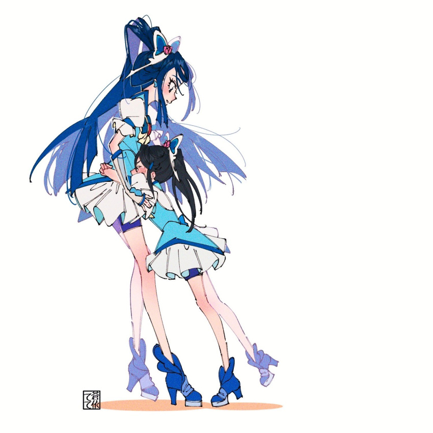 2girls artist_logo bike_shorts bike_shorts_under_skirt black_hair blue_eyes blue_footwear blue_hair blue_shorts blue_vest blush boots butterfly_hair_ornament commentary_request cosplay cure_aqua cure_aqua_(cosplay) earrings hair_ornament high_heel_boots high_heels high_ponytail highres jewelry long_hair looking_at_another magical_girl minazuki_karen multiple_girls ponytail precure puffy_short_sleeves puffy_sleeves short_sleeves shorts shorts_under_skirt skirt standing tete_a vest yes!_precure_5 yes!_precure_5_gogo!