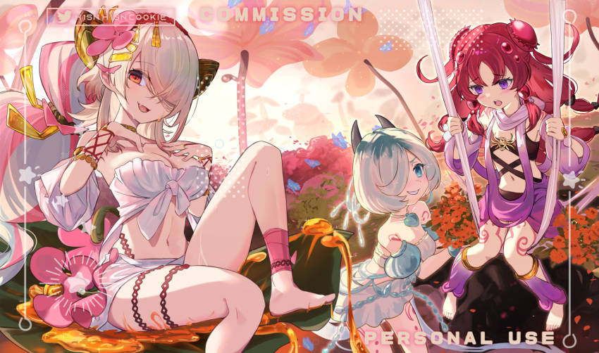 3girls :d bare_shoulders barefoot blonde_hair blue_eyes blush breasts character_request cleavage commission duel_monster fang grin hair_ornament hair_over_one_eye highres hsin long_hair multiple_girls navel open_mouth pink_hair puffy_sleeves purple_eyes red_hair sitting smile tattoo traptrix_pinguicula white_hair yu-gi-oh!