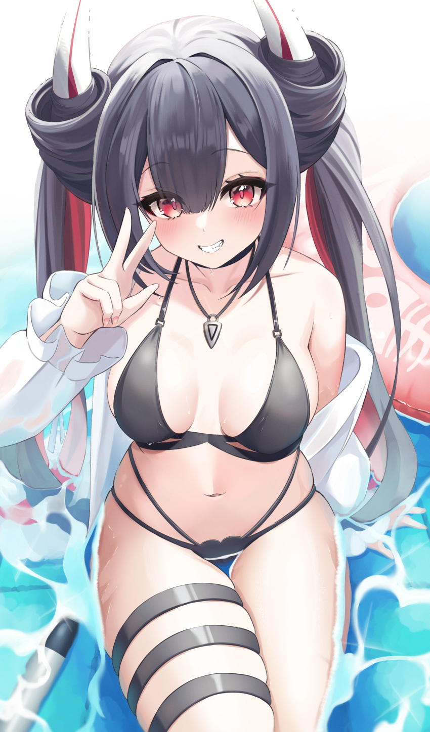 1girl absurdres azur_lane bikini black_bikini black_hair breasts cleavage collarbone colored_inner_hair elegant_(sumisumi4268) hair_between_eyes hand_up hatsuzuki_(august's_first_romance)_(azur_lane) hatsuzuki_(azur_lane) highres horns jacket jewelry long_hair looking_at_viewer multicolored_hair necklace official_alternate_costume see-through see-through_jacket sitting smile swimsuit thigh_strap torpedo twintails v white_jacket