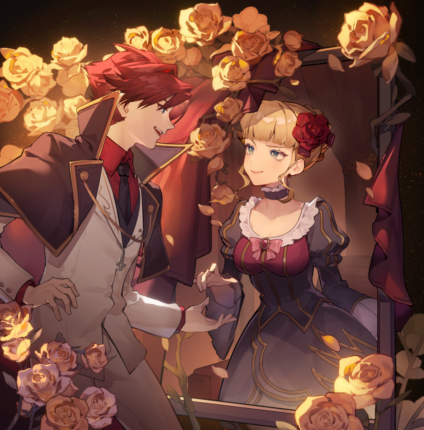 1boy 1girl beatrice_(umineko) black_dress black_necktie blonde_hair blue_eyes blunt_bangs breasts closed_mouth collared_shirt commentary_request dress flower hair_flower hair_ornament hand_on_own_hip highres juliet_sleeves lilith-lily long_sleeves looking_at_another medium_breasts necktie open_mouth petals profile puffy_sleeves red_flower red_hair red_rose red_shirt rose shirt short_hair sidelocks smile suit teeth umineko_no_naku_koro_ni upper_teeth_only ushiromiya_battler white_suit yellow_flower yellow_rose