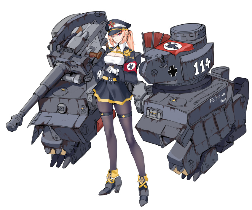 1girl absurdres asin black_jacket black_skirt breast_cutout cannon collared_shirt cross hat high_heels highres iron_cross jacket mecha_musume military military_vehicle motor_vehicle pantyhose peaked_cap personification rigging shirt skirt swastika tank thighband_pantyhose tiger_i tiger_i_(personification) war_thunder