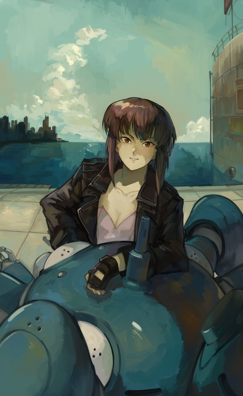 1girl absurdres blue_sky building city cloud cloudy_sky ghost_in_the_shell harbor highres impressionism kornod kusanagi_motoko looking_at_viewer medium_hair ocean purple_eyes purple_hair shore sky skyline solo tachikoma water