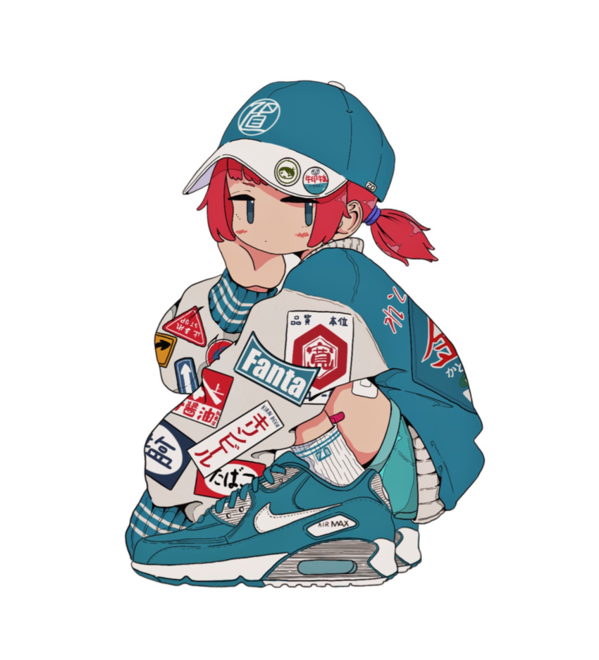 1girl air_max air_max_90 aqua_eyes aqua_footwear aqua_headwear aqua_jacket aqua_shorts badge bandaid bandaid_on_leg baseball_cap blush button_badge closed_mouth clothes_writing from_side hand_on_own_cheek hand_on_own_face hand_up hat highres jacket jitome looking_at_viewer looking_to_the_side nao97122 nike original outside_border patch red_hair ribbed_socks shoes short_hair short_twintails shorts simple_background sneakers socks solo squatting streetwear twintails white_background white_sleeves white_socks