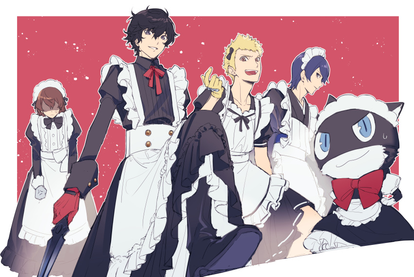 4boys absurdres akechi_gorou alternate_costume amamiya_ren anger_vein apron black_bow black_bowtie black_dress black_eyes black_footwear black_hair black_kimono blonde_hair blue_eyes blue_hair boots bow bowtie brown_eyes closed_mouth commentary_request dress enmaided gloves grey_gloves grin hair_between_eyes highres holding holding_knife holding_weapon japanese_clothes kimono knife long_sleeves looking_at_viewer maid maid_apron maid_headdress male_focus messy_hair morgana_(persona_5) multiple_boys neck_ribbon open_mouth persona persona_5 profile puffy_short_sleeves puffy_sleeves red_bow red_bowtie red_gloves red_ribbon ribbon sakamoto_ryuuji shaded_face short_hair short_sleeves smile sweatdrop teeth tsubsa_syaoin weapon white_apron yellow_gloves