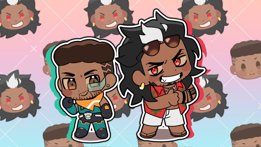 2boys baptiste_(overwatch) black_hair blush chest_tattoo chibi chibi_inset couple dark-skinned_male dark_skin facial_hair full_beard full_body hair_tattoo hawaiian_shirt highres looking_at_viewer male_focus mature_male mauga_(overwatch) multiple_boys mustache overwatch overwatch_2 shirt shoulder_tattoo smile tattoo thick_eyebrows thre_shar thumbs_up tileable undercut yaoi