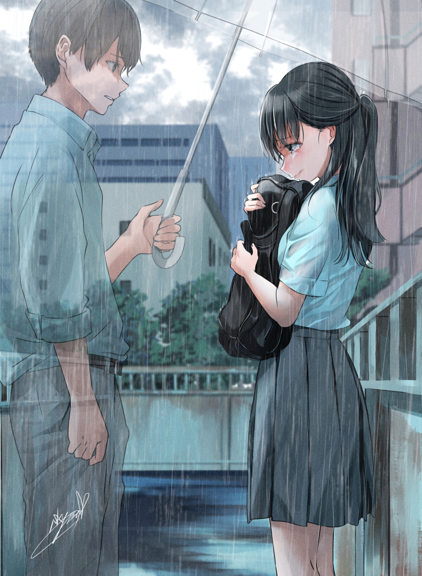 1boy 1girl bag belt black_hair breasts brown_hair clenched_teeth cloud cloudy_sky collared_shirt cowboy_shot crying d: from_side ghost grey_pants grey_skirt highres holding holding_bag holding_umbrella long_hair looking_at_another looking_down offering_umbrella original outdoors pants pleated_skirt ponytail rain sad school_bag shirt short_hair short_sleeves sideways_mouth signature skirt sky sleeves_past_elbows sleeves_rolled_up small_breasts soragane_(banisinngurei) tearing_up tears teeth umbrella uniform very_short_hair wet wet_clothes wet_shirt white_shirt worried