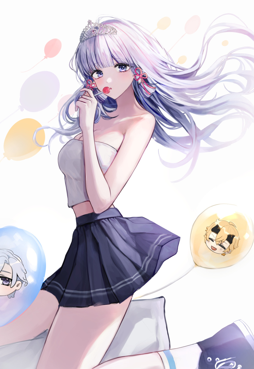 1girl absurdres alternate_costume balloon bare_arms bare_shoulders blue_eyes blue_skirt breasts candy cleavage commentary_request emong floating_hair food genshin_impact grey_hair highres holding holding_food kamisato_ayaka kamisato_ayato kneeling lollipop long_hair looking_at_viewer medium_breasts midriff miniskirt pleated_skirt shoes simple_background skirt solo strapless thighs thoma_(genshin_impact) tiara tube_top white_background