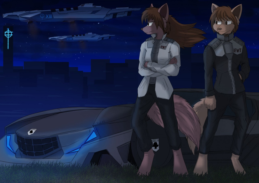 anthro brother brown_body brown_fur brown_hair canid canine canis car clothing duo female fur future hair male mammal natani sibling sister smile standing twokinds vehicle vizelius webcomic webcomic_character wolf zen_(twokinds)