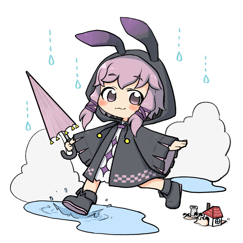 1girl :3 animal_hood black_coat black_footwear blush boots chibi closed_umbrella coat commentary_request drawstring dress ebi_gohan full_body highres holding holding_umbrella hood hood_up hooded_coat looking_at_viewer outstretched_arms puddle purple_hair rabbit_hood raincoat raised_eyebrows running short_hair_with_long_locks simple_background snail solo splashing spread_arms umbrella vocaloid voiceroid water_drop white_background white_dress yuzuki_yukari yuzuki_yukari_(lin)