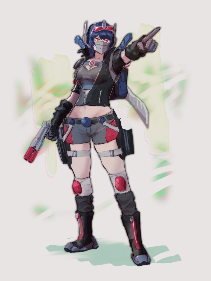 1girl backpack bag beast_wars beast_wars:_transformers belt black_belt black_footwear black_gloves black_jacket blue_hair boots breasts cleavage cropped_shirt elbow_gloves eyewear_on_head genderswap genderswap_(mtf) gloves grey_shirt grey_shorts gun highres holding holding_gun holding_weapon humanization jacket looking_to_the_side mask medium_breasts medium_hair mouth_mask open_mouth optimus_primal rae_ariadne red-framed_eyewear shirt shorts solo sunglasses sword sword_on_back transformers weapon weapon_on_back