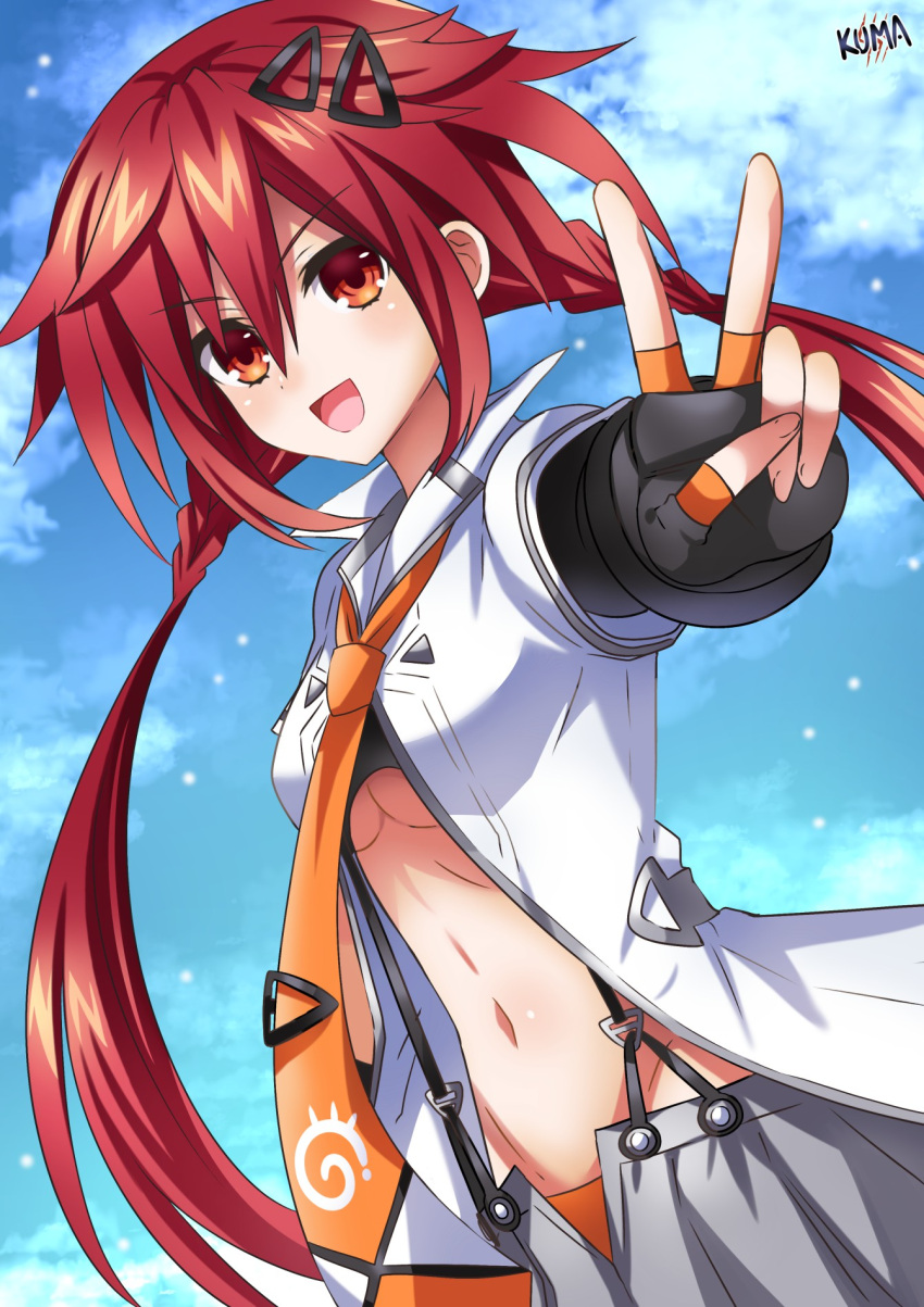 1girl black_gloves blush braid breasts elbow_gloves gloves hair_ornament hairclip happy highres jacket lewdkuma looking_at_viewer navel neptune_(series) orange_eyes outdoors red_eyes red_hair school_uniform shin_jigen_game_neptune_vii shirt smile solo tennouboshi_uzume twin_braids twintails underboob v white_jacket white_shirt