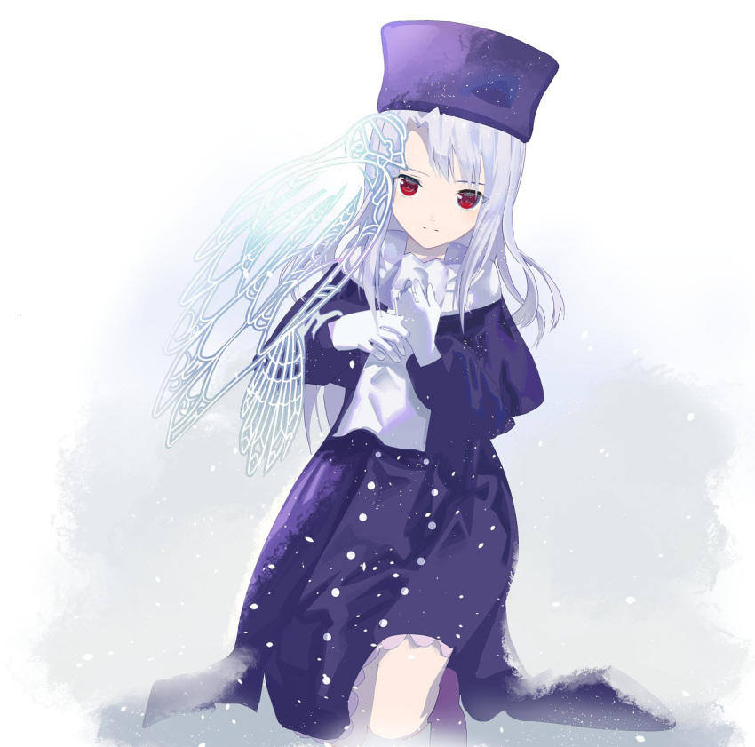 1girl closed_mouth cofffee dress fate/stay_night fate_(series) full_body gloves hat highres illyasviel_von_einzbern long_hair long_sleeves looking_at_viewer magic_circle red_eyes scarf snowing solo white_hair