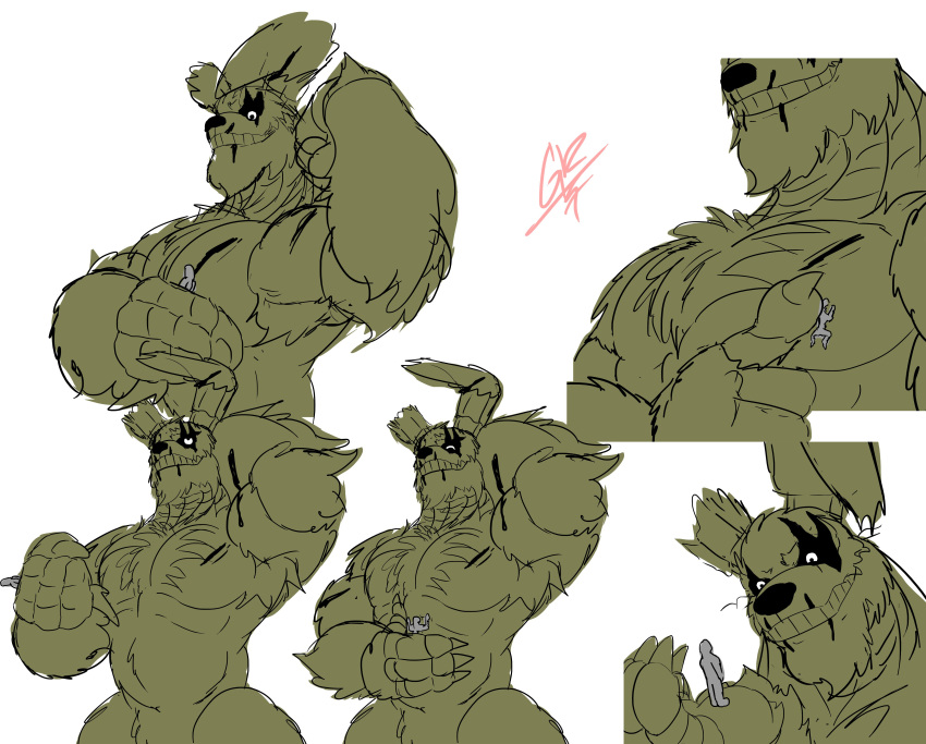 2023 absurd_res anon anthro armpit_hair barazoku biceps black_nose body_hair chest_fur crotch_tuft digital_media_(artwork) duo extreme_size_difference eyes_closed five_nights_at_freddy's five_nights_at_freddy's_3 fur green_body green_fur grey_body grey_skin grilder123 hi_res holding_partner human lagomorph leporid male mammal muscular muscular_anthro muscular_male pecs rabbit scottgames sequence size_difference smile springtrap_(fnaf) teeth tuft