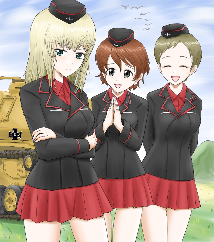 3girls akaboshi_koume arms_behind_back bird black_headwear black_jacket blue_eyes blue_sky brown_hair closed_eyes closed_mouth cloud cloudy_sky collared_shirt crossed_arms day dress_shirt emblem frown garrison_cap girls_und_panzer grass grey_hair harukai-i hat highres insignia itsumi_erika jacket kojima_emi kuromorimine_(emblem) kuromorimine_military_uniform lapels long_sleeves looking_at_another looking_at_viewer medium_hair military_hat military_uniform military_vehicle miniskirt motor_vehicle multiple_girls notched_lapels open_mouth outdoors own_hands_together pleated_skirt red_shirt red_skirt shirt short_hair skirt sky smile standing tank tiger_i uniform very_short_hair wavy_hair