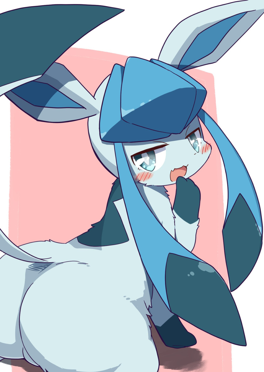 2023 big_butt blue_body blue_eyes blue_fur blush blush_lines blush_stickers butt cute_fangs digital_media_(artwork) eeveelution female feral fur generation_4_pokemon glaceon gloves_(marking) green_body green_fur hi_res kemono koorinezumi looking_at_viewer looking_back looking_back_at_viewer markings naughty_face nintendo open_mouth pokemon pokemon_(species) solo tail tongue