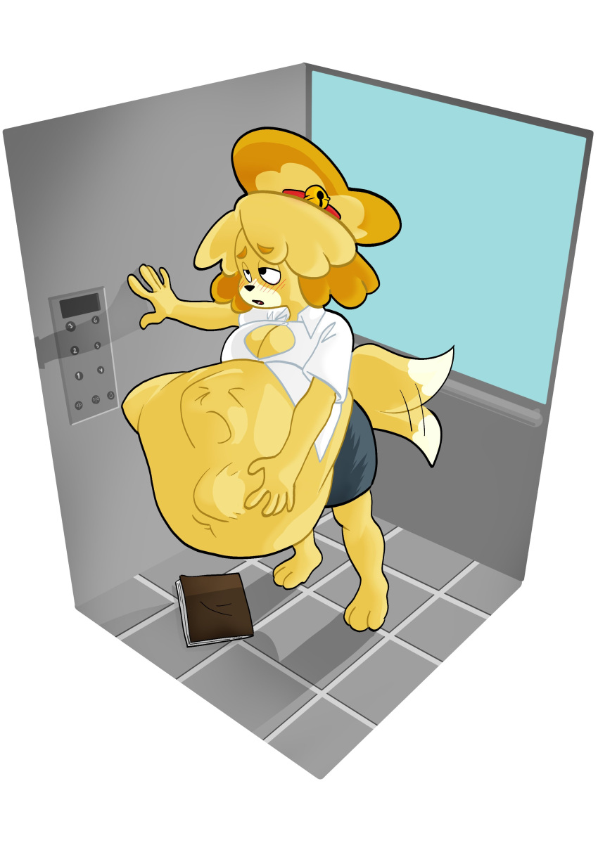 absurd_res afterimage animal_crossing anthro anthro_pred anthro_prey blush blush_lines bottomwear breasts button_pop cleavage clothed clothing dipstick_tail discarded_object dress_shirt elevator face_imprint female female_pred hand_on_own_belly hi_res huge_belly imprint isabelle_(animal_crossing) leaning_against_wall looking_pleasured markings nintendo pencil_skirt same_size_vore shirt skirt strawberrywith4 struggling_prey tail tail_markings tail_motion tailwag topwear vore