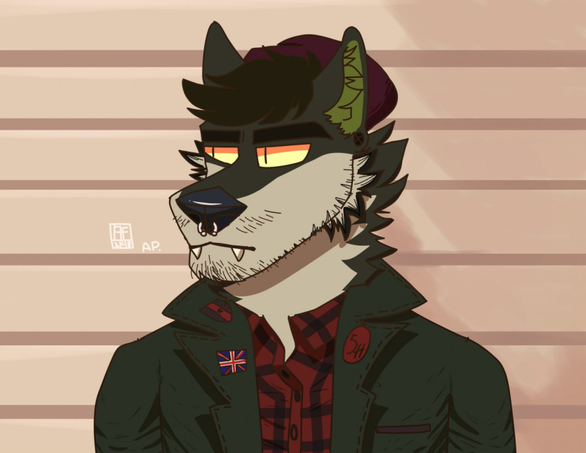 2018 acidwuff anthro artist_logo beard bust_portrait canid clothed clothing dated facial_hair facial_piercing front_view fur green_body green_clothing green_fur green_jacket green_topwear jacket logo male mammal mouth_closed nose_piercing piercing portrait red_clothing red_topwear septum_piercing simple_background solo tan_body tan_fur topwear