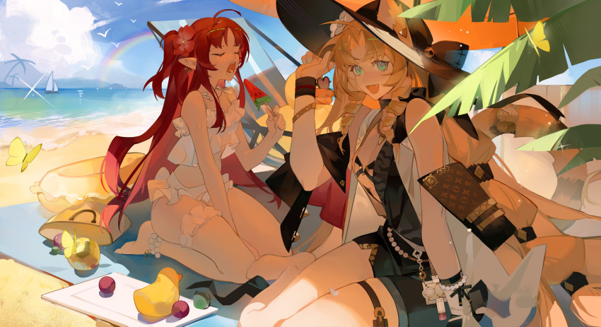 2girls :d absurdres ahoge animal_ears arknights bare_shoulders beach beach_umbrella bead_anklet black_dress black_headwear blue_nails blue_sky boat bow breasts center_opening cleavage cloud cloudy_sky day dress drill_hair drill_sidelocks ears_through_headwear fang flower green_eyes hair_flower hair_ornament hand_on_headwear hat hat_bow highres innertube long_hair looking_at_viewer medium_breasts multiple_girls myrtle_(arknights) myrtle_(summer_flowers)_(arknights) nail_polish ocean official_alternate_costume one_side_up open_mouth orange_hair outdoors palm_leaf pointy_ears rainbow red_flower red_hair rkt43v6e1aatxka rubber_duck sailboat sand seiza sidelocks simple_bird sitting sky sleeveless sleeveless_dress smile swire_(arknights) swire_the_elegant_wit_(arknights) tail tail_ornament tail_ring teeth thighs tiger_ears tiger_girl tiger_tail umbrella very_long_hair water watercraft white_flower yokozuwari
