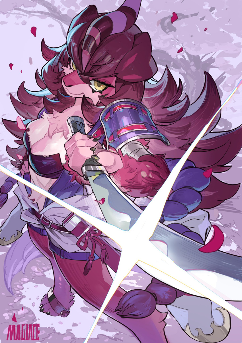 1girl armor artist_name belt breasts cleavage donner_dagger_fur_hire duel_monster foot_out_of_frame full_body furry furry_female glint grin highres holding holding_sword holding_weapon long_hair magiace red_fur red_hair shoulder_armor smile solo sword tree weapon yellow_eyes yu-gi-oh!