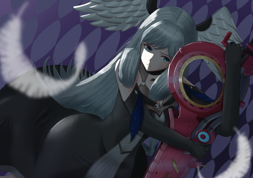 1girl absurdres bellrinberlin black_dress crying crying_with_eyes_open dress feder head_wings highres holding holding_weapon melia_antiqua monado monado_rex monolith_soft pain sad solo sword tears weapon wings xenoblade_chronicles_(series) xenoblade_chronicles_3