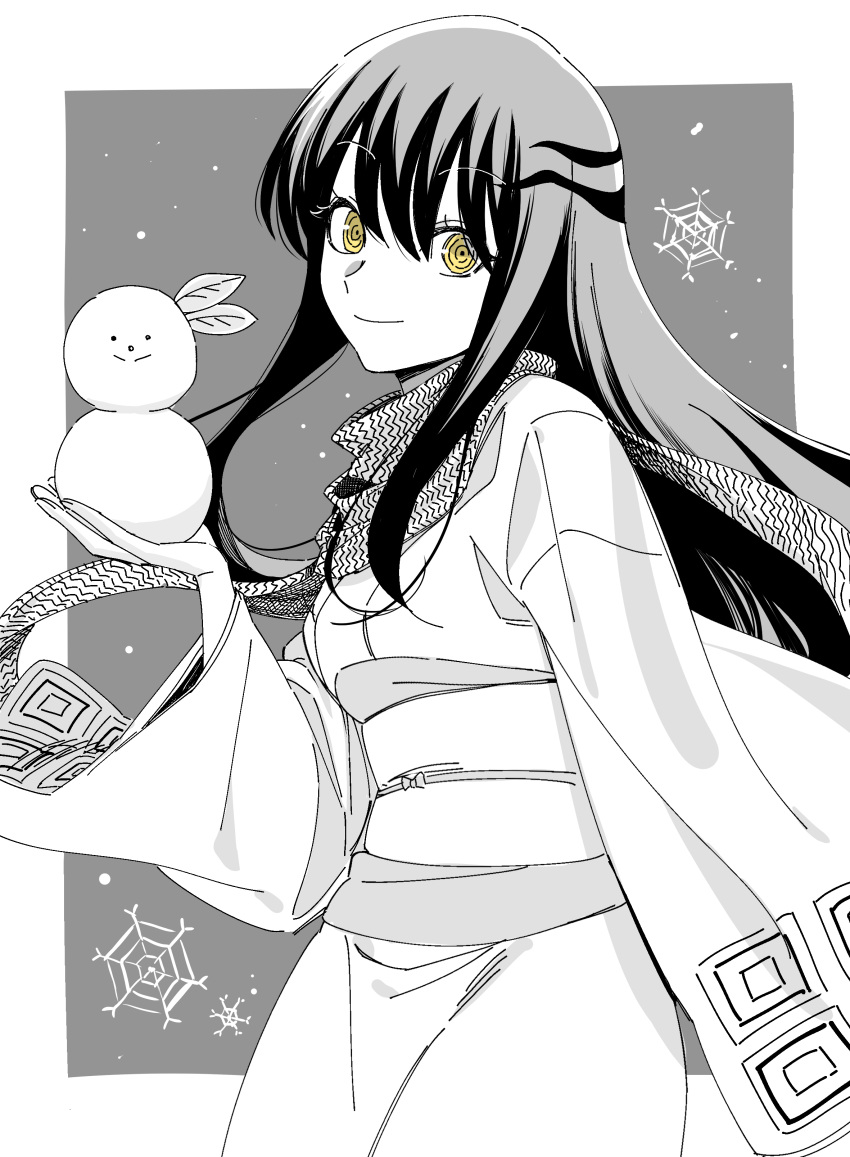 1girl absurdres border closed_mouth commentary_request grey_background greyscale hair_between_eyes highres holding holding_snowman japanese_clothes kimono leaf long_hair looking_at_viewer monochrome nurarihyon_no_mago obi oikawa_tsurara outside_border rasupekuto ringed_eyes sash scarf simple_background smile snowflakes snowman solo spot_color white_border wide_sleeves yellow_eyes yuki_onna_(nurarihyon_no_mago)