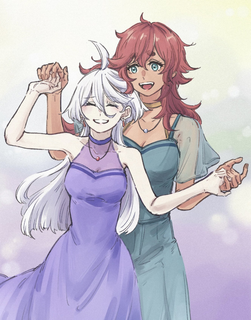 2girls bare_shoulders closed_eyes collar collarbone dress earrings gradient_background green_dress green_eyes gundam gundam_suisei_no_majo hair_between_eyes highres holding_hands ichi27ichi jewelry long_hair miorine_rembran multiple_girls necklace open_mouth purple_dress red_hair sleeveless sleeveless_dress smile suletta_mercury teeth white_hair yuri