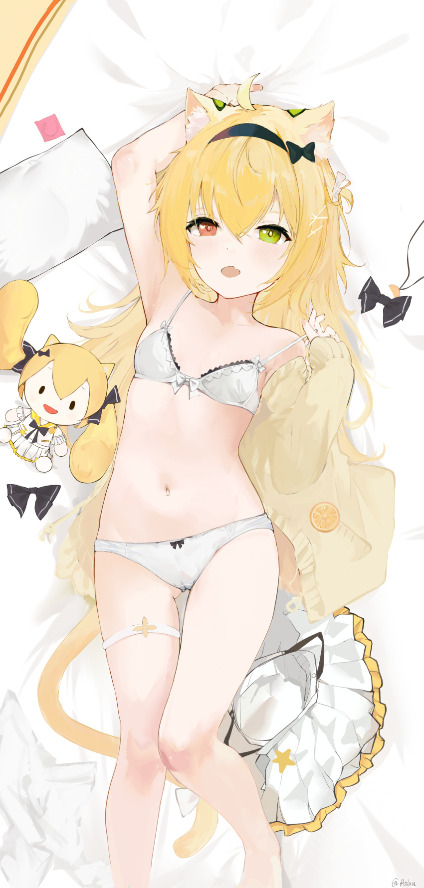 1girl absurdres adjusting_bra adjusting_clothes ahoge animal_ears arms_up bed_sheet black_ribbon blonde_hair bow bow_bra bow_panties bra breasts cardigan cat_ears cat_girl cat_tail chinese_commentary citrus_(pixiv_32844232) commentary_request crotch_seam doll fang from_above green_eyes hair_ornament hair_ribbon hairclip half-closed_eyes heterochromia highres lace-trimmed_bra lace_trim long_hair looking_at_viewer lying navel on_back on_bed open_mouth original panties pillow red_eyes ribbon skirt small_breasts smile solo strap_slip tail thigh_gap twitter_username underwear underwear_only unworn_clothes unworn_skirt white_bra white_panties yellow_cardigan