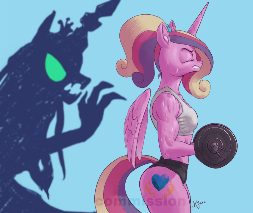 2023 anthro arthropod barbell bodily_fluids breasts changeling clenched_teeth clothing crop_top cutie_mark equid equine exercise eyebrows eyelashes eyes_closed feathered_wings feathers female floating_wings friendship_is_magic fur hair hasbro hi_res horn inner_ear_fluff mammal multicolored_hair muscular my_little_pony pink_body pink_fur ponytail princess_cadance_(mlp) queen_chrysalis_(mlp) raikoh-illust shirt small_breasts solo sweat teeth topwear tuft weightlifting winged_unicorn wings workout